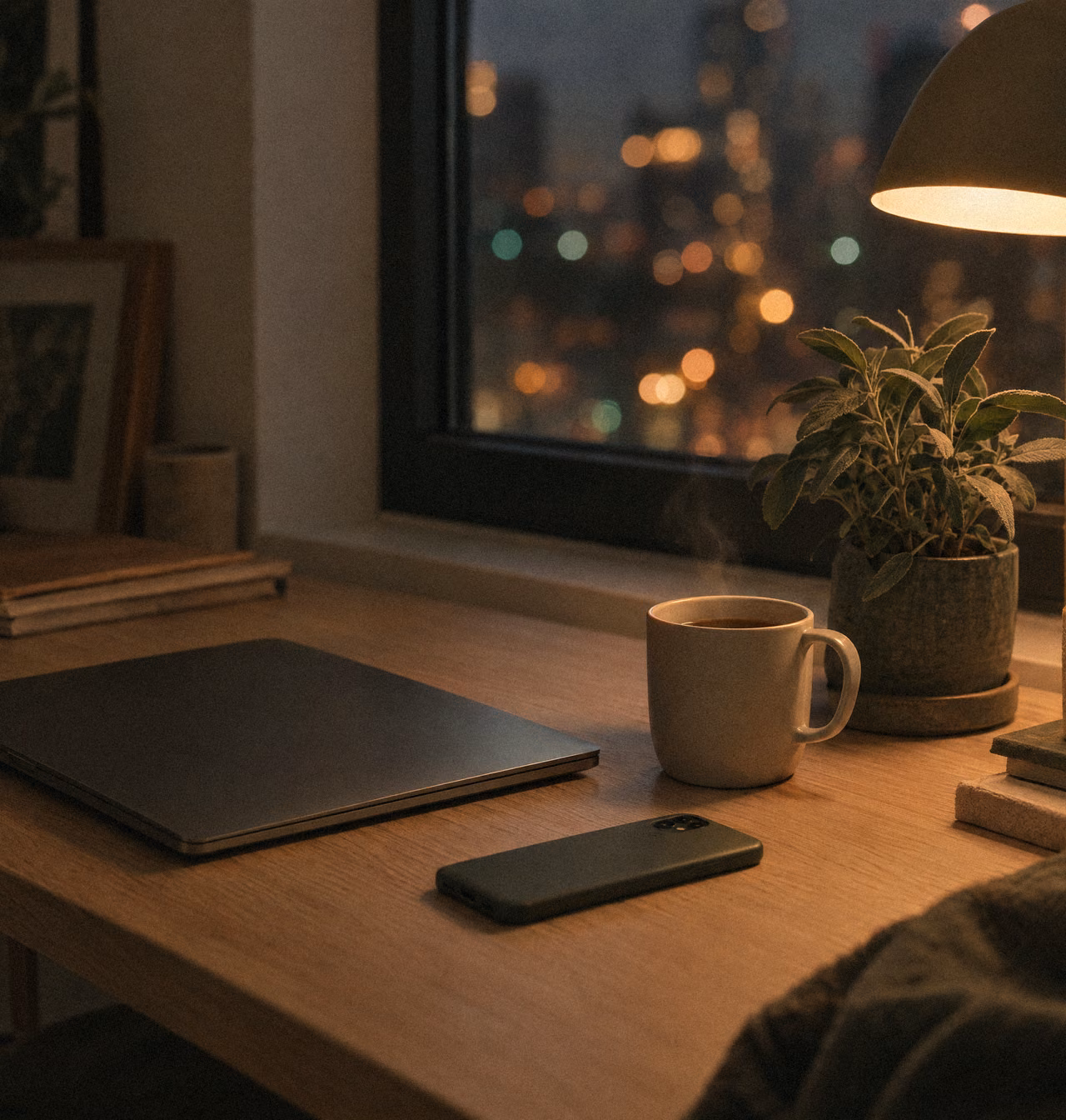 Laptop closed for the evening beside a mug of tea and a desk lamp.